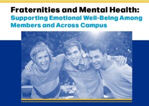 Greek Report Cover with three smiling male presenting college students standing together outside with arms on each other's shoulders