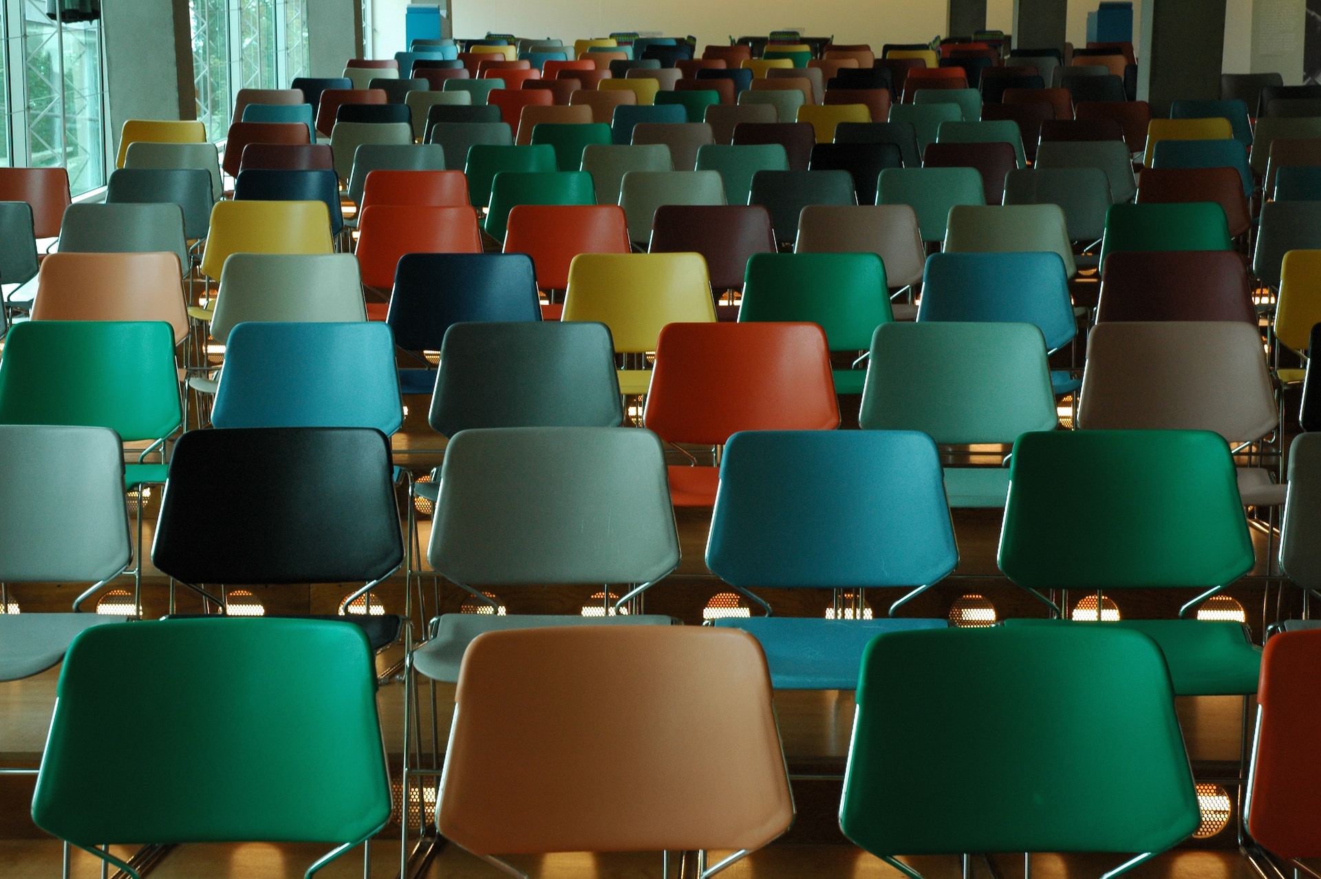 college classroom with rows of empty seats